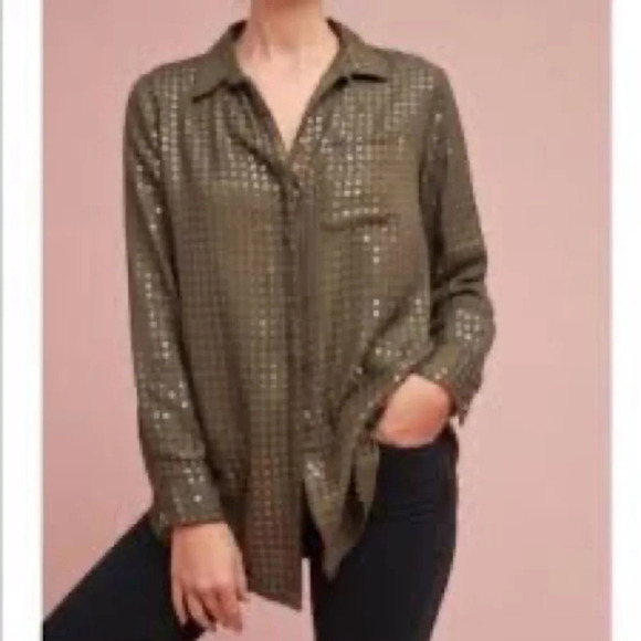 Maeve Tops - Maeve Anthropologie Arwa olive green button up shirt with sequins. Size:XS
